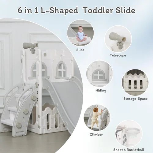 Miniatura 4 de LulliSpace Tobogán 6 en 1 para Niños Pequeños, Escalador Deslizante para Niños para Patio de Juegos Interior y Exterior con Aro de Baloncesto