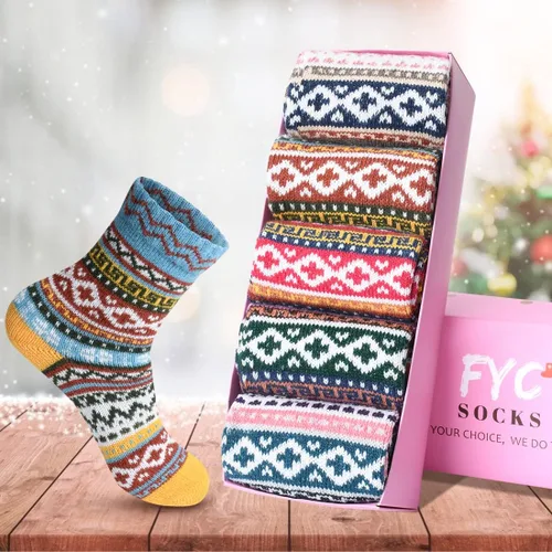 Miniatura 6 de FYC Winter Womens Socks Wool Warm Thick Knit Cozy Crew Casual Vintage Soft Socks for Women Christmas Gifts Socks 5 Pairs