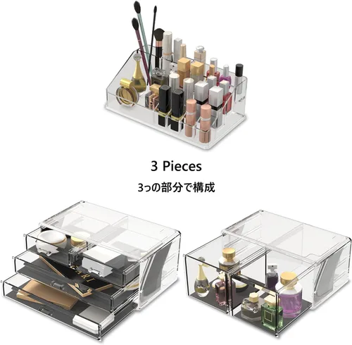 Miniatura 5 de READAEER Organizador de maquillaje, 3 piezas, estuche de almacenamiento de cosméticos con 6 cajones (transparente)