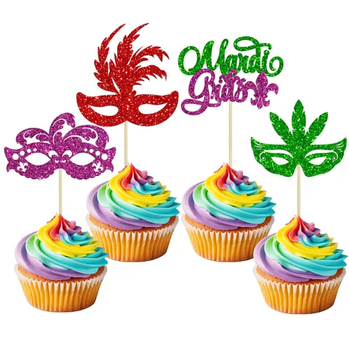 Miniatura 10 de Gyufise 24 máscaras de mascarada para cupcakes con purpurina para despedida de soltera, para cupcakes, comida y frutas, baile de máscaras, Mardi