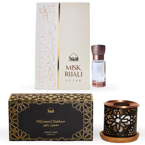 Dukhni Maamoul Bakhoor - Caja variada con quemador y Misk Rijali Attar incienso árabe surtido y aceite de perfume de almizcle blanco suave y sedoso,