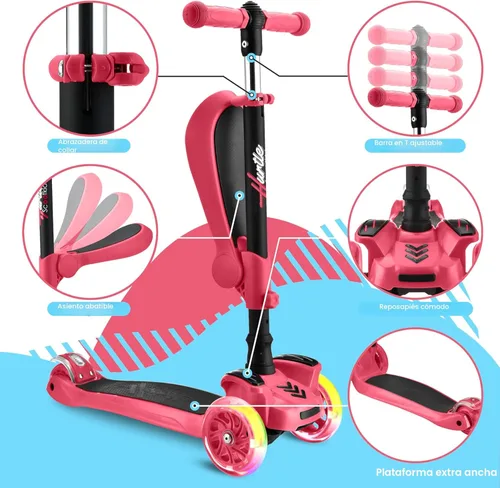 Miniatura 3 de Hurtle Patinete de 3 ruedas para niños, luces LED de ruedas, manubrio ajustable de inclinación para dirigir y asiento plegable, paseo sentado