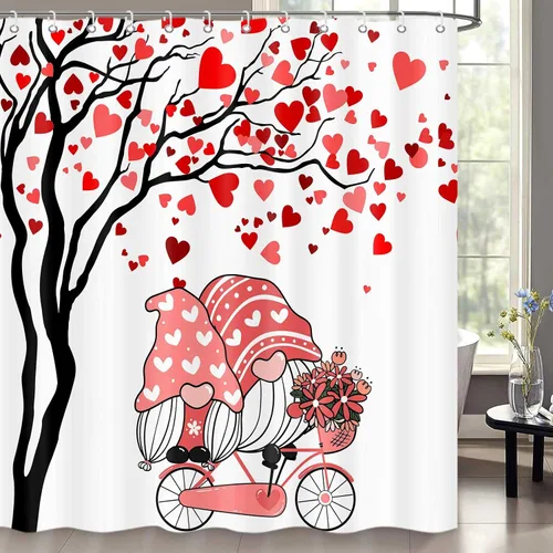 Miniatura 12 de Cortina de ducha de gnomo de San Valentín, decoración romántica de baño con corazones rojos, juego de cortinas de baño rojas y negras, decoración