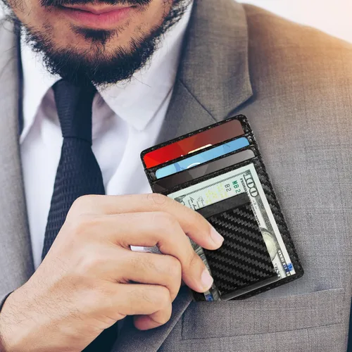 Miniatura 6 de Travelambo Clip para dinero para hombre, de piel, delgado, minimalista, con bloqueo RFID (tejido negro), Tejido negro, Minimalista