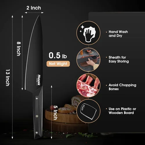 Miniatura 5 de Huusk Cuchillo japonés, AUS 8, cuchillo de chef japonés de acero inoxidable de 8 pulgadas, hoja revestida de titanio negro, mango ergonómico G10