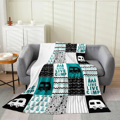 Miniatura 25 de jejeloiu Manta de cama de campamento para todas las estaciones, manta de franela de vellón con temática de campamento feliz, manta peluda de madera