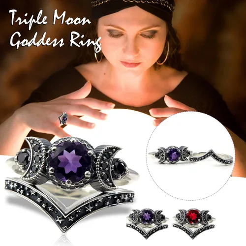 Miniatura 2 de Anillo Dios de triple luna, anillo de amatista roja, regalos de joyería para mujeres y niñas, fases lunares, bohemio, gitano, joyería de festival