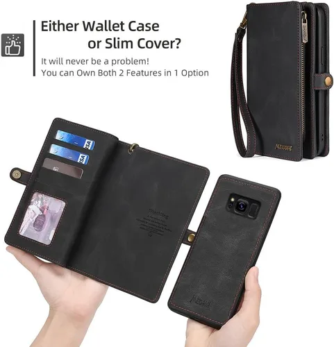 Miniatura 5 de Asuwish Funda de teléfono para Samsung Galaxy S8 con cremallera, funda desmontable con protector de pantalla de vidrio templado y soporte de cuero