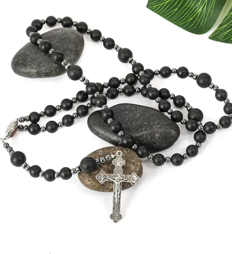 Miniatura 2 de Nazareth Store Rosario de cuentas de ágata negra, rosario de hombres católicos con cuentas naturales mate con piedras de hematita, medalla de suelo