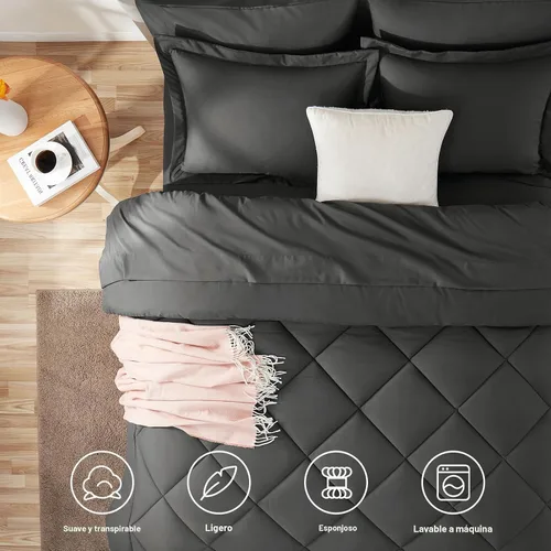 Miniatura 2 de CozyLux Juego de ropa de cama con edredón tamaño King gris oscuro - Juego de 7 piezas en una bolsa, juego de cama lujoso y suave para todas