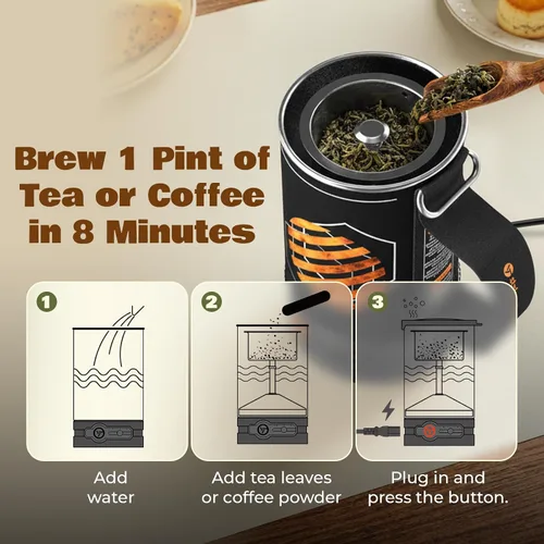 Miniatura 7 de STOKE VOLTAICS Cafetera Percoladora Eléctrica, Hervir Agua y Preparar Té 2-en-1, Cafetera de 3 Tazas, Kit de Té Portátil para Acampar, Viaje