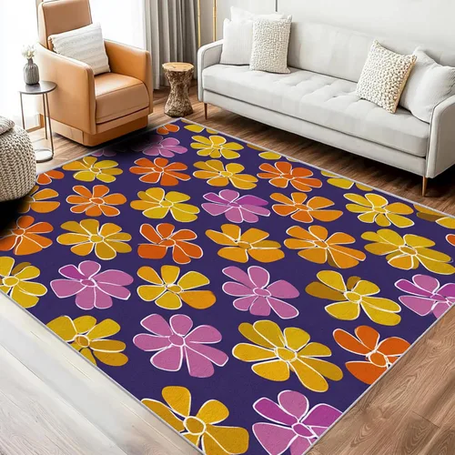Purple Flower Rugs for Living Room 7x8, Retro Floral Bedroom Carpet, Vintage 70s Bohemian Pattern Design Area Rug, Washable Non Slip Soft Area
