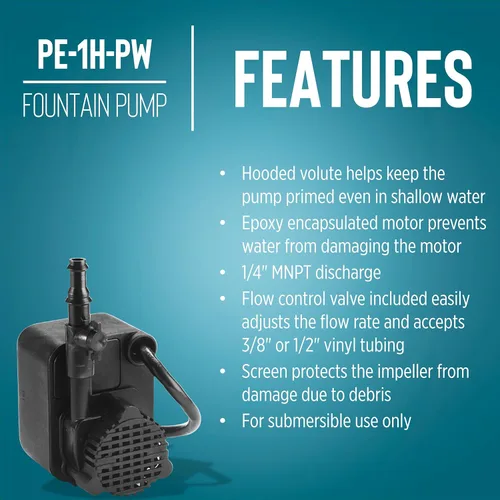 Miniatura 3 de Little Giant PE-1H-PW Bomba sumergible pequeña encapsulada con epoxi de 115 voltios, 1/125 HP, 186 GPH para fuentes y aplicaciones de aguas poco