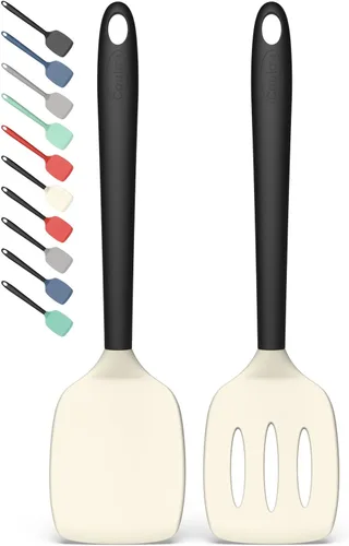 Miniatura 11 de Coukre Juego de 2 espátulas de silicona, resistentes a altas temperaturas, libres de BPA, espátulas de cocina, volteadoras sólidas y ranuradas
