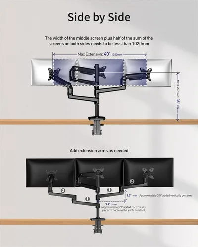 Miniatura 7 de Ergounion Triple Monitor Mount, Holds Screens up to 40 Inches and 25 lbs, Fully Adjustable 3 Monitor Desk Mount with C-Clamp and Grommet Base, Negro