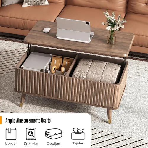 Miniatura 3 de JOINICE - Mesa auxiliar rectangular con tapa elevable para sala de estar u oficina en casa, con almacenamiento, diseño acanalado, estilo moderno