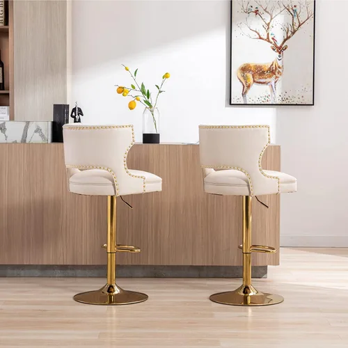 Miniatura 9 de ROCITY Juego de 2 taburetes de bar color beige con respaldo de piel sintética con base dorada, isla de cocina moderna ajustable para comedor, barra