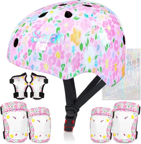Miniatura 8 de Casco para niños, casco de bicicleta para niños pequeños con pegatinas DIY Unicornio, rodilleras y coderas ajustables, juego de protección para Rosa