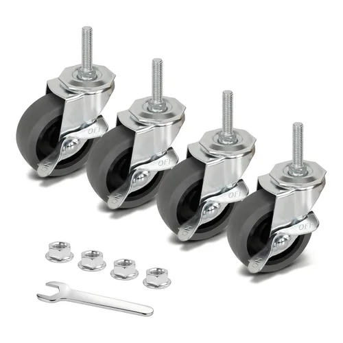 AAGUT Ruedas giratorias, 3 pulgadas, goma resistente, 3/8 pulgadas, 16 x 1-1/2, vástago roscado, ruedas industriales, frenos de bloqueo, rueda