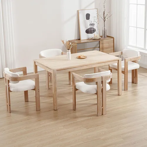 Miniatura 9 de Juego de 4 sillas de comedor modernas de barril, sillas de comedor tapizadas con respaldo curvado y patas de madera, sillas laterales de lino