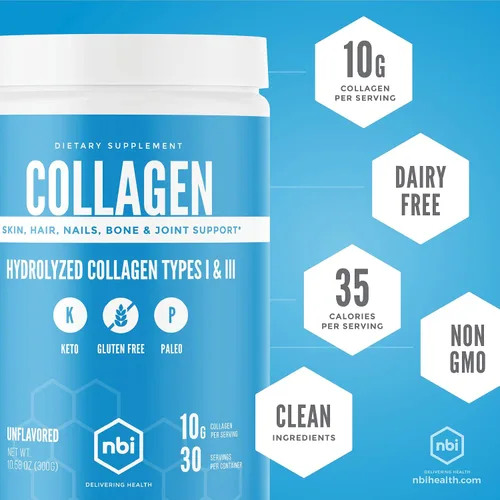 Miniatura 4 de NBI Sin sabor, péptidos de colágeno en polvo, apto para paleo y cetogénico, colágeno hidrolizado tipo I y III, suplemento de aminoácidos, sin