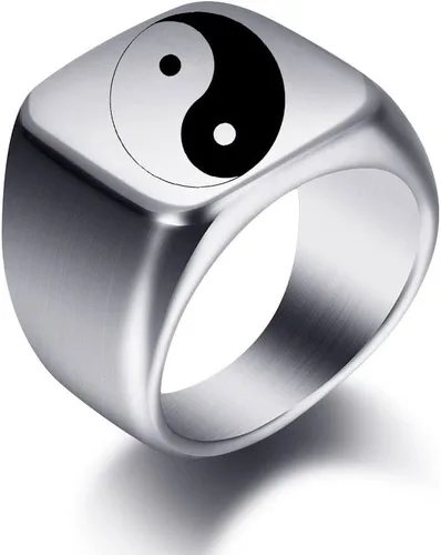 Miniatura 2 de Anillo de banda de Tai Chi Yin Yang de acero inoxidable Ba Gua Equilibrio Taoísmo Zen Spirit Talismán, Sello de religión, Banda gruesa