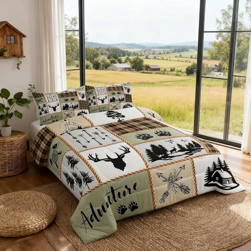 Miniatura 133 de Juego de edredón de cuernos de ciervo tamaño individual, juego de ropa de cama rústica de granja con huellas de oso y pinos para decoración