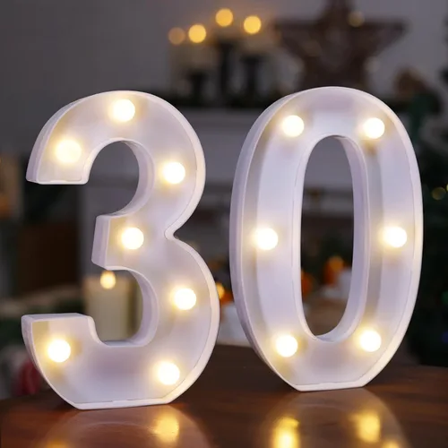 Miniatura 10 de Letras iluminadas para decoración de feliz cumpleaños, números LED alimentados por batería, letrero de número de marquesina para fiesta