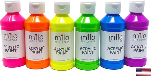 milo Juego de 6 pinturas acrílicas fluorescentes | Botellas de 4 onzas | Paquete de pintura acrílica de colores neón para estudiantes | Hecho en los