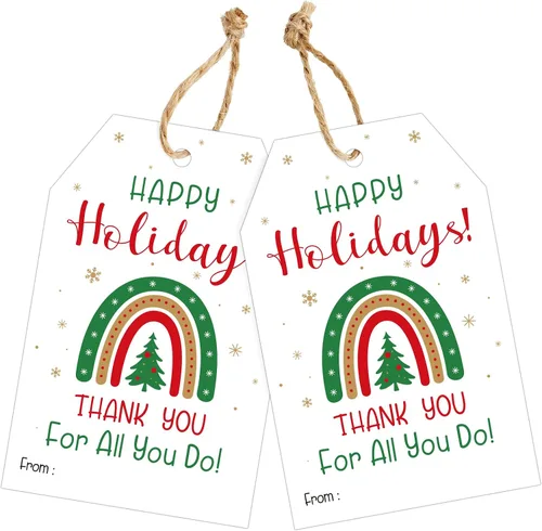 Miniatura 8 de joycraft 50 etiquetas de Feliz Navidad con cuerda - 3.3 x 2.1 pulgadas etiquetas blancas de papel con calcetín navideño, etiquetas colgantes
