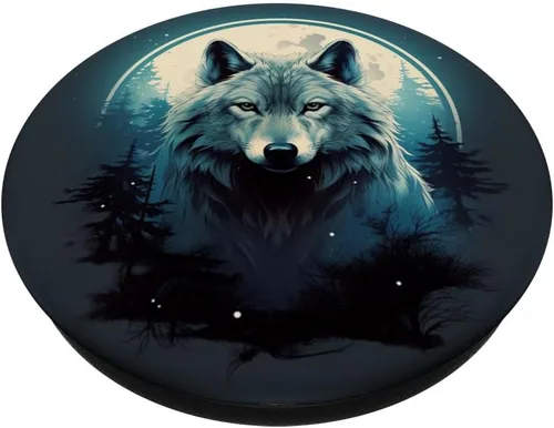 Miniatura 2 de lobo místico en el bosque en la luna llena PopSockets Standard PopGrip
