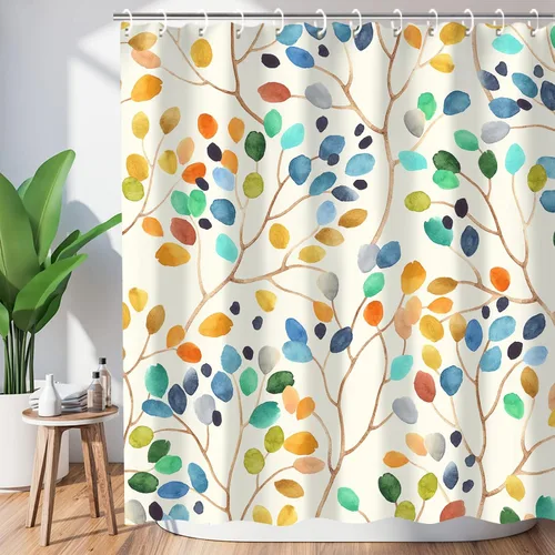 Juego de cortinas de ducha con diseño floral de hojas coloridas, con 12 ganchos, lavable, impermeable, cortina de ducha decorativa, 72 x 72