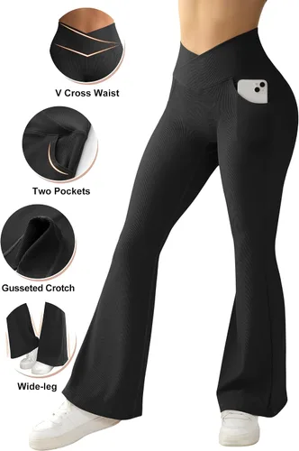 Miniatura 2 de RUUHEE Pantalones de yoga cruzados acanalados para mujer con bolsillos, cintura alta, acampanados, leggings acampanados