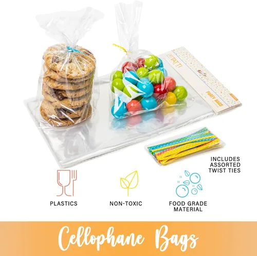 Miniatura 6 de TATTI Paquete de 100 bolsas de celofán transparentes para regalos, bolsas transparentes para fiestas de cumpleaños, bolsas transparentes de 6 x 10