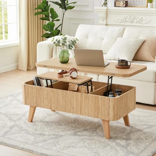 Miniatura 7 de Mesa de centro 3 en 1 con tapa elevable, mesas de centro convertibles acanaladas que se convierten en mesas de comedor, moderna mesa central