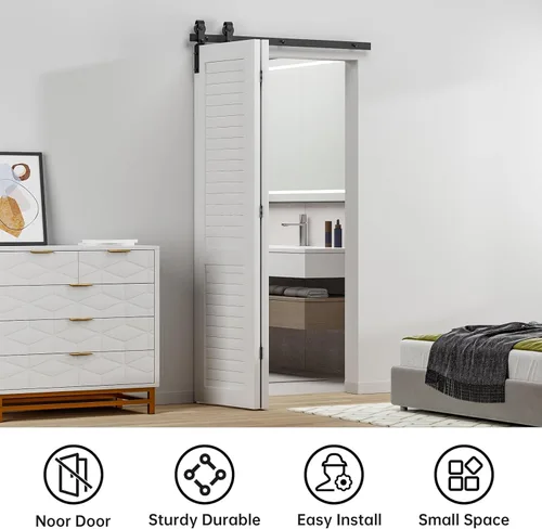 Miniatura 5 de Kit de herrajes para puerta de granero plegable y corrediza de 30", se desliza suave y silenciosamente, rodillo negro montado lateralmente, fácil
