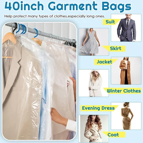 Miniatura 4 de Patelai 40 bolsas de ropa extra largas de 72/40 pulgadas para vestidos, bolsas de limpieza en seco para colgar ropa, tintorería, ropa de plástico