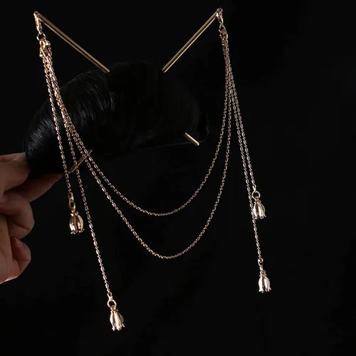 Palillos chinos para el cabello con borla, doble cadena para el cabello, estilo vintage, con borla, accesorios de peinado para el cabello, Hanfu