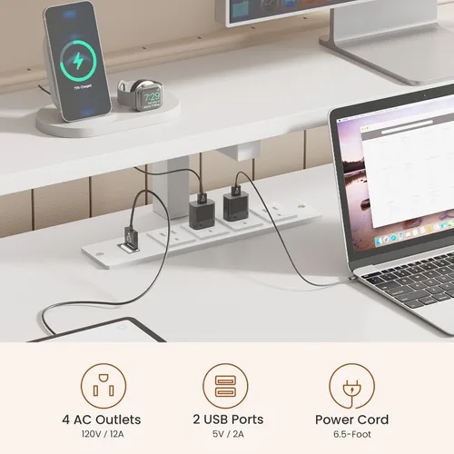 Miniatura 7 de SEDETA Escritorio blanco para computadora con 5 cajones y toma de corriente, escritorio de oficina en casa de 66 pulgadas con cajón de archivos