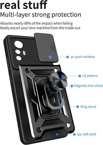 Miniatura 8 de Funda de teléfono celular para Xiaomi Redmi Note 12S, protección resistente con cubierta deslizante para cámara, soporte giratorio de metal de 360°