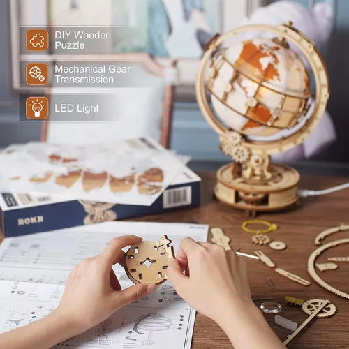 Miniatura 5 de ROKR Juego de rompecabezas de madera 3D para adultos, globo luminoso, caja de música Orrey y caja de música para violonchelo, regalo único