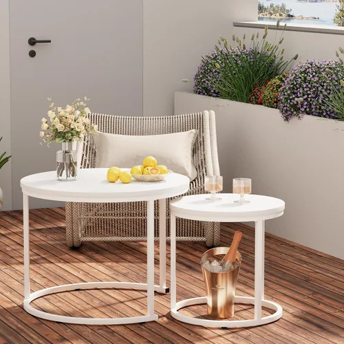 Miniatura 5 de Garden 4 you Mesa de Centro Anidable, Juego de Mesa de Centro Redonda de 23.6", Juego de 2 Mesas Anidables de Madera con Marco de Metal, Mesas Blanco