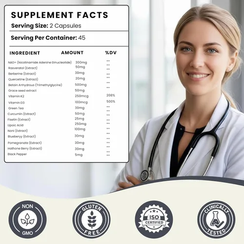 Miniatura 10 de Suplemento NAD+ 18 en 1 con resveratrol berberina quercetina fisetina ácido lipoico curcumina Vitamina D3 K2 para energía celular Apoyo
