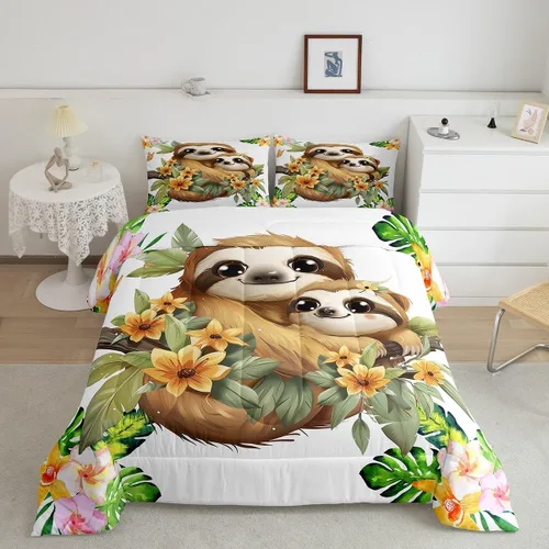 Miniatura 14 de Erosebridal Juego de edredón de perezoso tamaño individual, bonito edredón de plumón de perezoso en árbol para niños y niñas, juego de ropa de cama