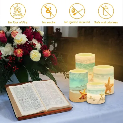 Miniatura 4 de Velas LED parpadeantes operadas por batería, juego de 4 con control remoto y temporizador, velas de llama danzante, velas de pilar para mesa, Playa