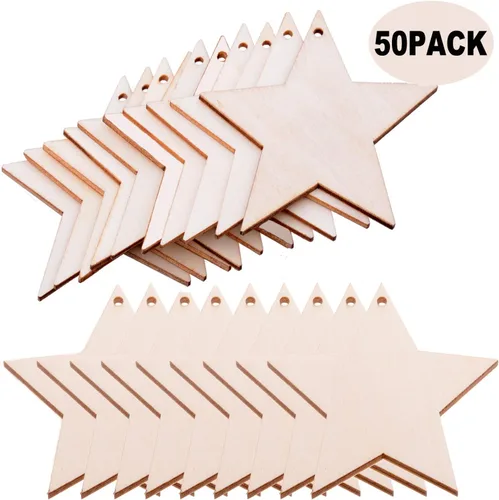 Miniatura 5 de Paquete de 50 manualidades de madera para pintar, adornos colgantes de árbol de Navidad de 3 pulgadas, recortes de madera sin terminar, decoración
