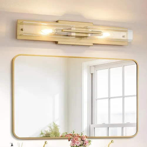 Miniatura 8 de VitaLink Lámpara de tocador dorada, 24 pulgadas, moderna lámpara de pared de baño sobre espejo de tocador, 2 luces cableadas de vidrio blanco