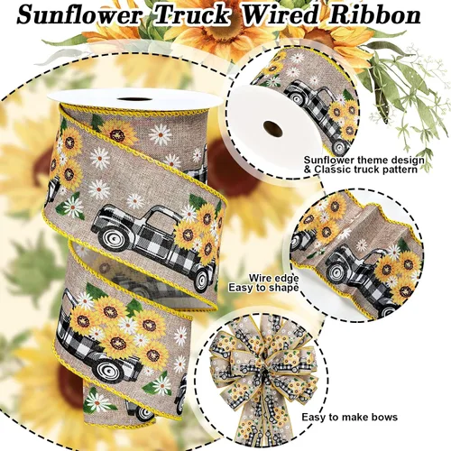 Miniatura 3 de Whaline Cinta vintage con borde de alambre para camión de girasol, para primavera y verano, diseño floral de búfalo a cuadros, cinta de envoltura