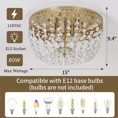 Miniatura 3 de Maxax Lámpara de techo de latón de cristal de 15 pulgadas, candelabro empotrado vintage de granja de 4 luces, lámpara de techo de imperio francés