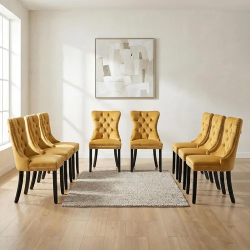 Miniatura 52 de OVENTA Juego de 4 sillas de comedor modernas tapizadas copetudas, terciopelo negro y gris y cuero con patas de madera maciza, sillas de cocina